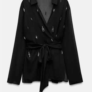 Black Wrap Blouse with Silver Accents